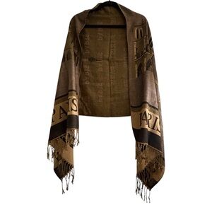 Paris Gold Tan Brown Black Fringed Shawl Wrap Scarf